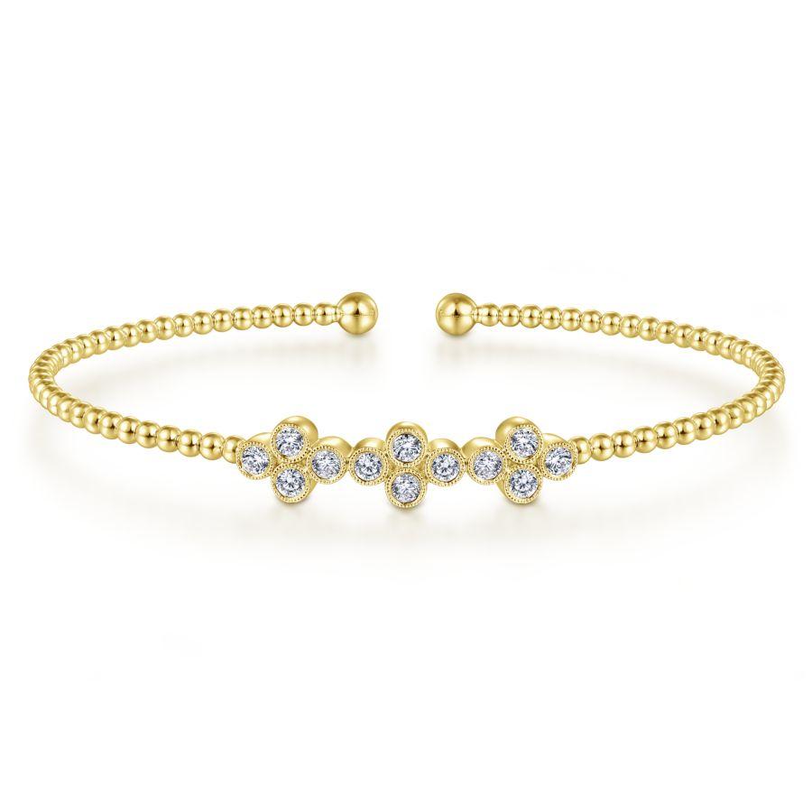 Gabriel & Co 14K Yellow Gold Bujukan Bead Cuff with 3 Quarter Foil Diamond Stations.