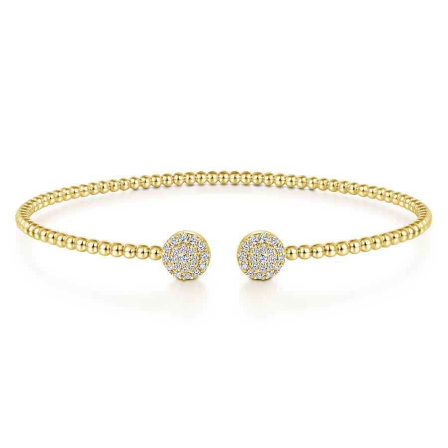 Gabriel & Co 14K Yellow Gold Bujukan Bead Split Cuff Bracelet with Round Pav Diamond Discs