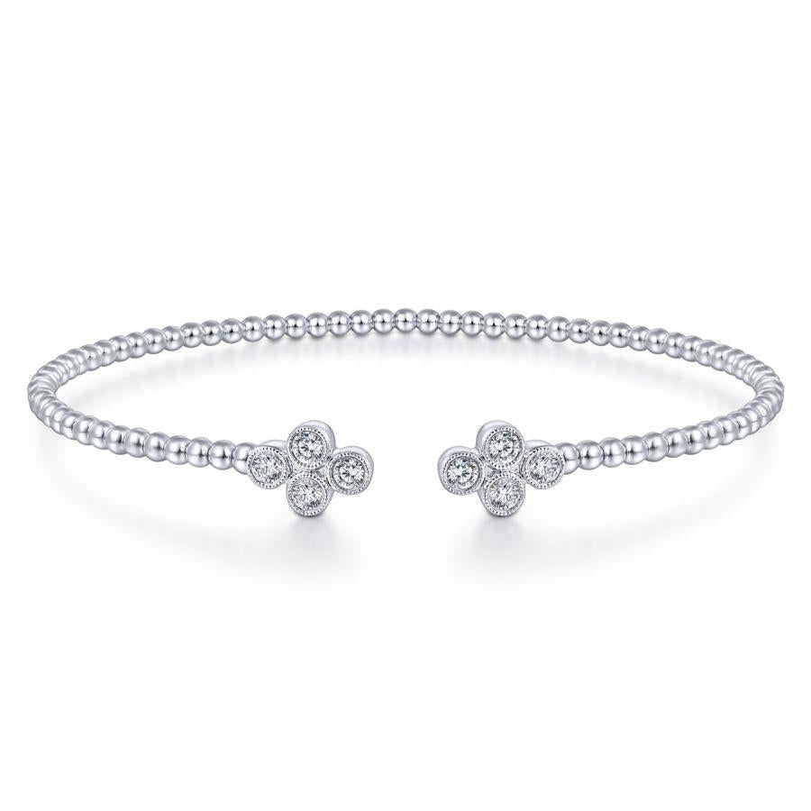 Gabriel & Co 14K White Gold Bujukan Bead Split Cuff Bracelet with Quatrefoil Diamond Endcaps