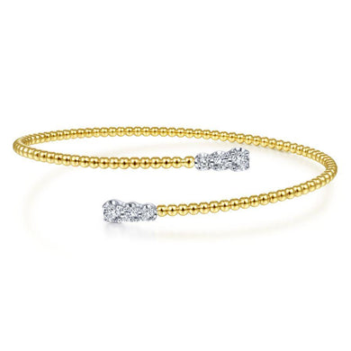 Gabriel & Co 14K Yellow Gold Bujukan Bead Bypass Bangle with Graduating Diamond Caps