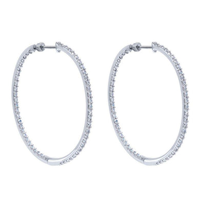 14K White Gold Prong Set 40mm Round Inside Out Diamond Hoop Earrings