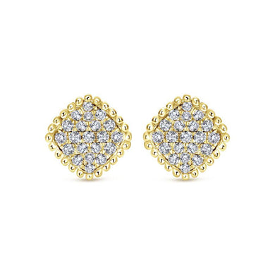 14K Yellow Gold Beaded Square Diamond Cluster Stud Earrings