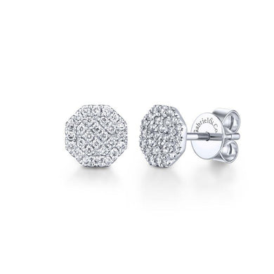 14K White Gold Octagonal Cluster Diamond Stud Earrings