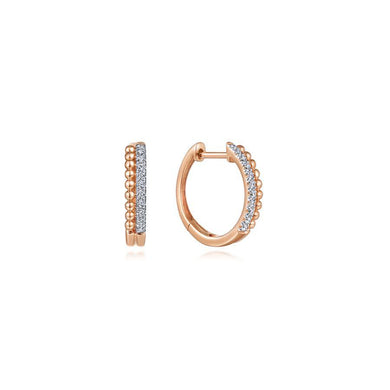 14K Rose Gold Beaded Pav 10mm Diamond Huggie Earrings