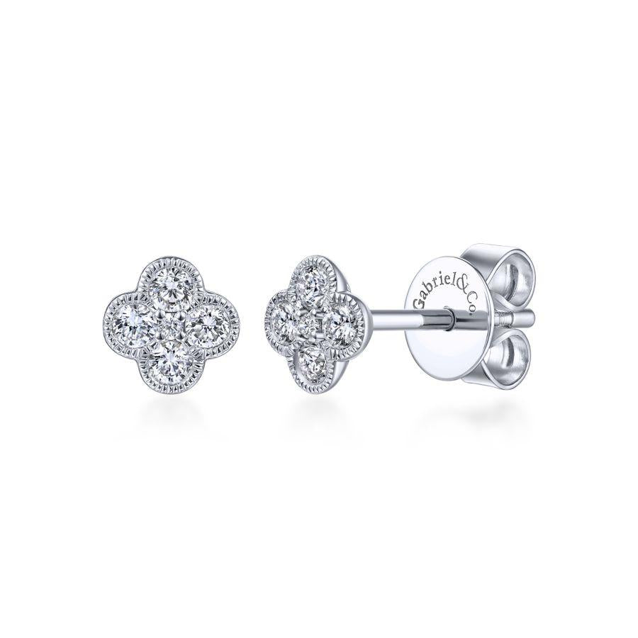 14K White Gold Diamond Flower Stud Earrings