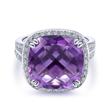 Gabriel & Co 14K White Gold Cushion Cut Amethyst and Diamond Ring