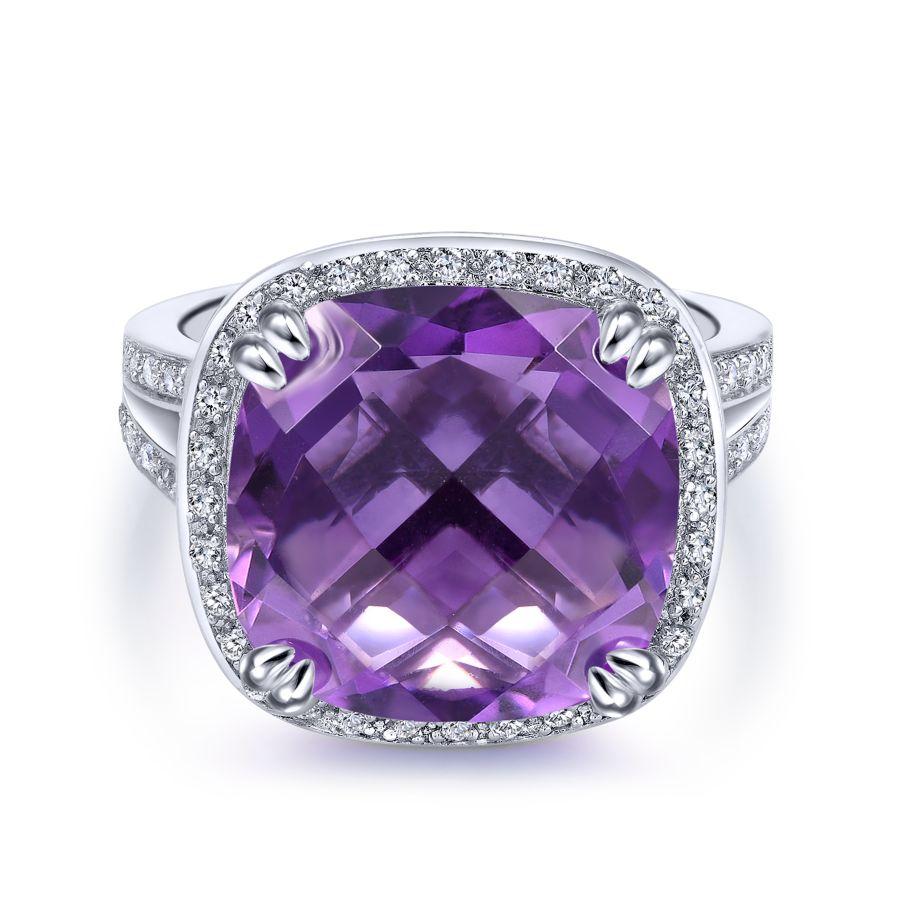 Gabriel & Co 14K White Gold Cushion Cut Amethyst and Diamond Ring