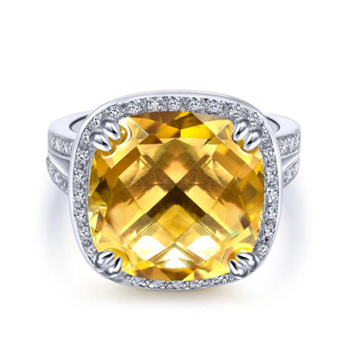 Gabriel & Co 14K White Gold Cushion Halo Citrine and Diamond Ring