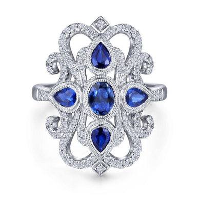 Gabriel & Co Vintage 14K White Gold Dramatic Sapphire and Pav Diamond Ring