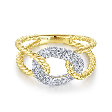 14K Yellow and White Gold Twisted Rope Link Ring with Diamond Pav Station