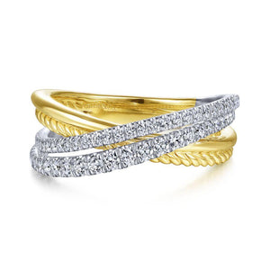 Gabriel & Co 14K White-Yellow Gold Twisted Rope and Diamond Criss Cross Ring