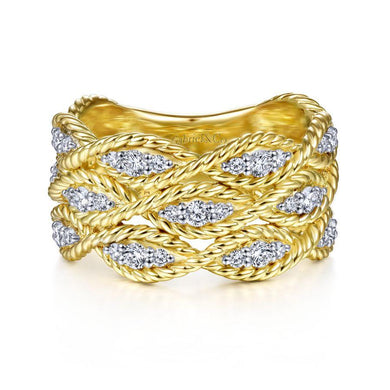 Gabriel & Co 14K Yellow Gold Twisted Braided Diamond Wide Band Ring