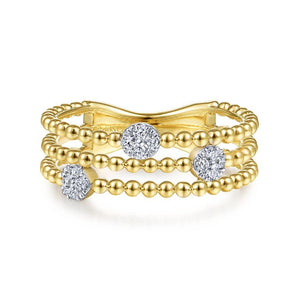 14K Yellow Gold Three Row Beaded Ring with Pav Diamond Cluster Stations