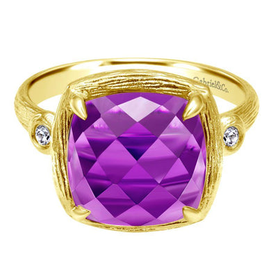 Gabriel & Co 14K Yellow Gold Cushion Amethyst and Diamond Accents Ring