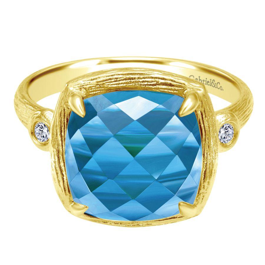 Gabriel & Co 14K Yellow Gold Cushion Cut Blue Topaz Ring with Diamond Accents