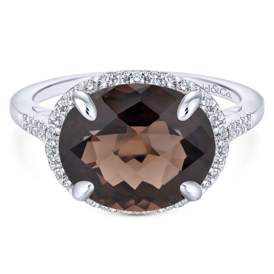 14K White Gold Oval Smoky Quartz and Diamond Halo Ring