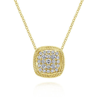 14K Yellow Gold Cushion Shape Diamond Pav Pendant Necklace