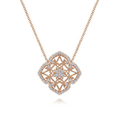 Vintage Inspired 14K Rose Gold Filigree Diamond Pendant Necklace