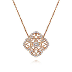 Vintage Inspired 14K Rose Gold Filigree Diamond Pendant Necklace