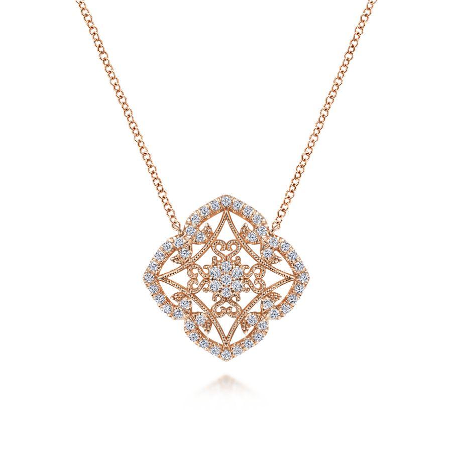 Vintage Inspired 14K Rose Gold Filigree Diamond Pendant Necklace